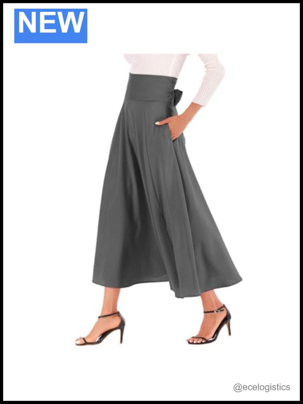 Women's High Waist Pleated Maxi Skirt with Pockets, Flowy Slit Skirt 95%